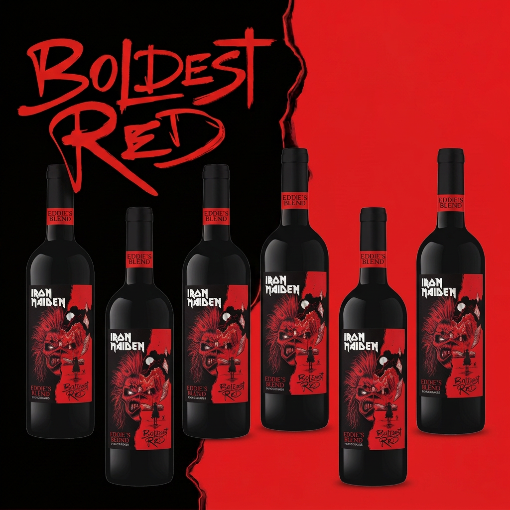 Six Iron Maiden Eddie’s Blend Boldest Red 750ml wine bottles and wordmark on a red-and-black backdrop.