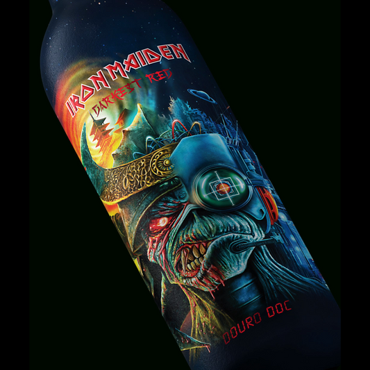 Close-up of Iron Maiden Darkest Red Douro DOC wine bottle label, featuring Eddie’s Head artwork and bold Iron Maiden branding.