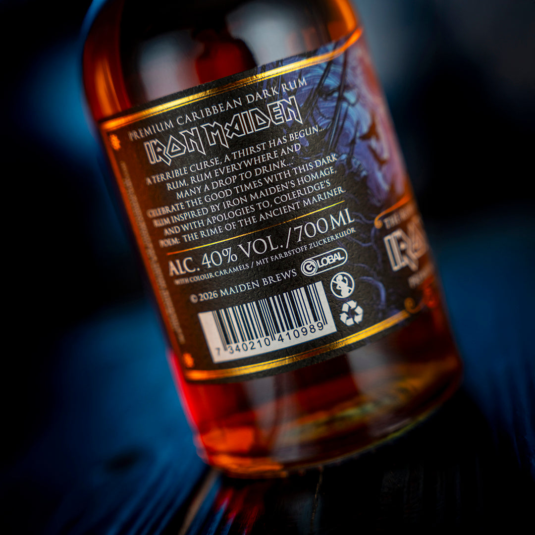 Bottle of Iron Maiden Premium Caribbean Dark Rum with label.