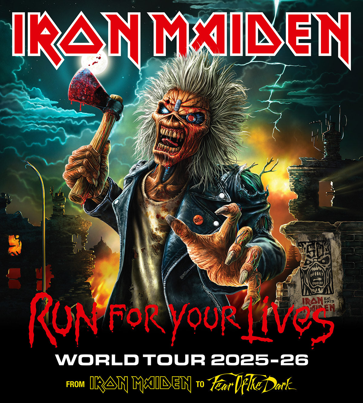 Iron Maiden Run For Your Lives World Tour 2025–26 official poster featuring Eddie with axe, post-apocalyptic background, and Fear of the Dark reference.