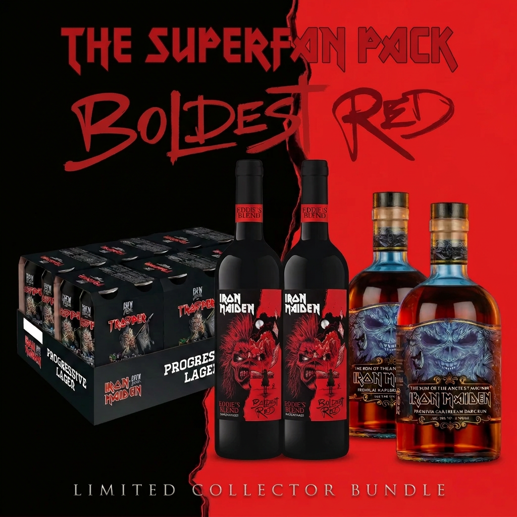 Iron Maiden Superfan Pack with 24 Trooper Progressive Lager cans, two Boldest Red wine bottles and two Rum of the Ancient Mariner bottles on a red-and-black vertical torn-edge backdrop.