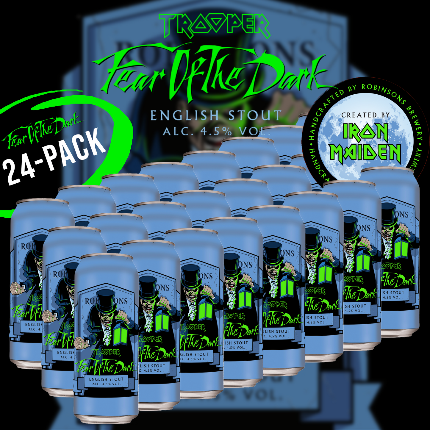 24-pack of Iron Maiden Trooper Fear of the Dark English Stout cans, 4.5% ABV, created by Robinsons Brewery, featuring Eddie mascot and Fear of the Dark branding.