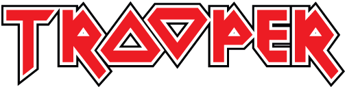Trooper logo in red with sharp geometric font, associated with Iron Maiden’s beer brand.