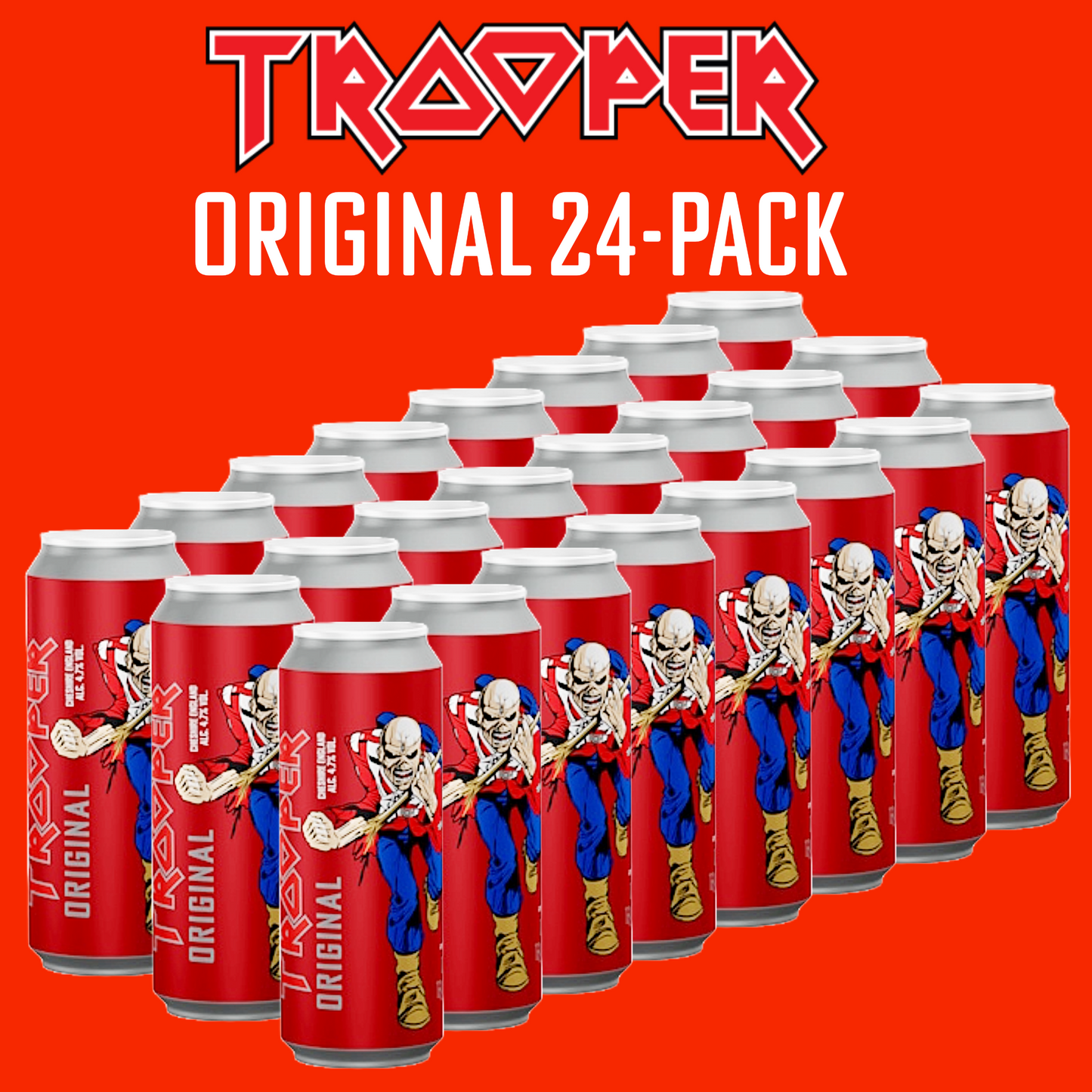 Trooper Original Ale 24-pack by Iron Maiden and Robinsons Brewery, featuring Eddie mascot on 500ml cans with red background.