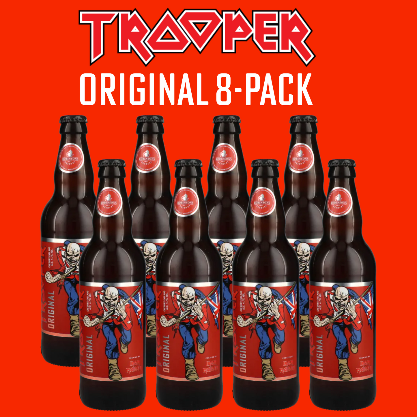 Trooper Original Ale bottles by Iron Maiden and Robinsons Brewery, 8x500ml featuring Eddie mascot label design.