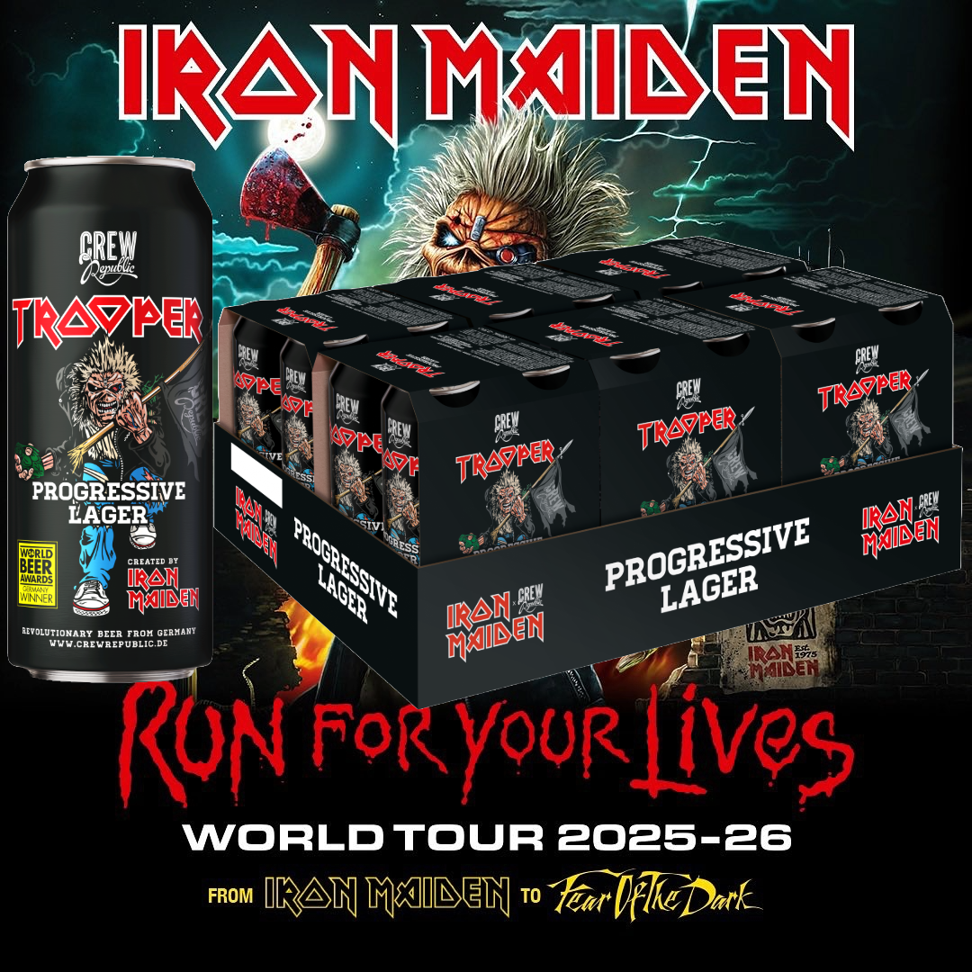 Iron Maiden Trooper Progressive Lager 24-pack by Crew Republic, celebrating the 2025-26 Run For Your Lives Tour, World Beer Awards Germany winner.