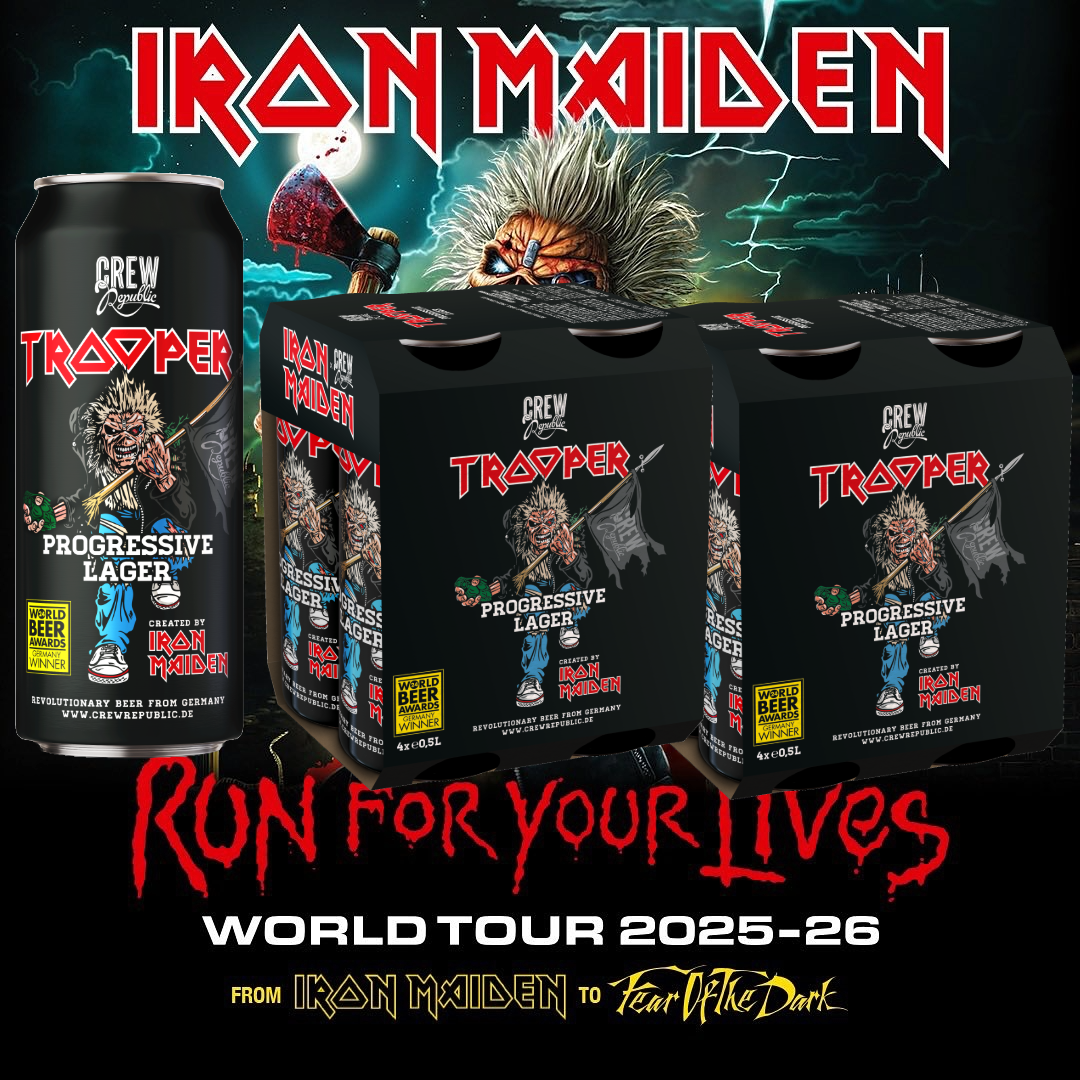 Iron Maiden Trooper Progressive Lager 8-pack of 500ml cans by Crew Republic, celebrating the 2025-26 Run For Your Lives Tour, featuring Eddie artwork.