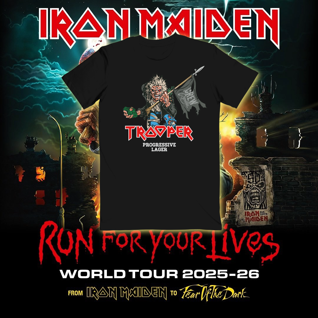 Iron Maiden TROOPER Progressive Lager T-shirt featuring Eddie holding a hop grenade and a flag, celebrating the 2025-26 Run For Your Lives Tour.