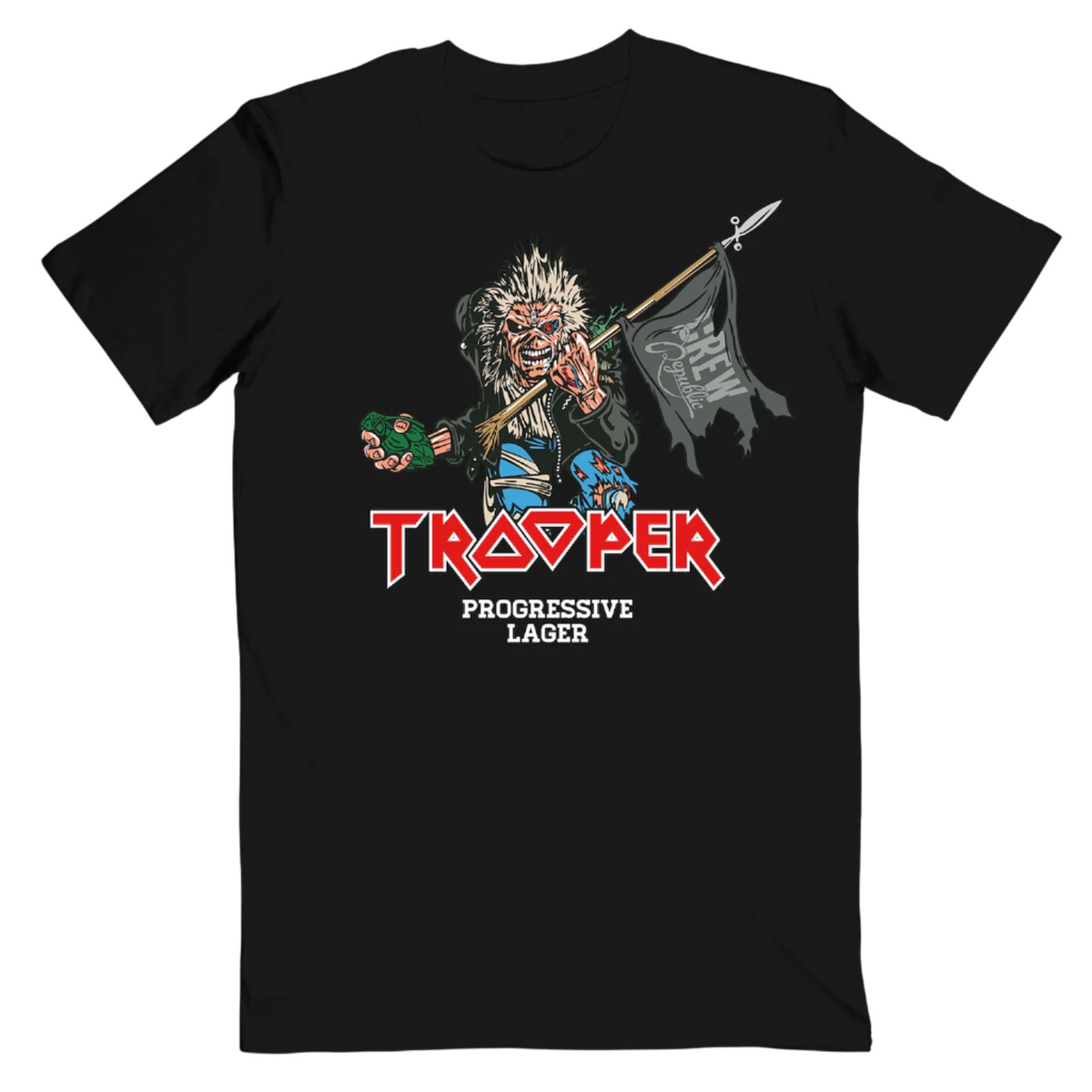 Front of Iron Maiden TROOPER Progressive Lager T-shirt featuring Eddie holding a hop grenade and a flag, celebrating the 2025-26 Run For Your Lives Tour.