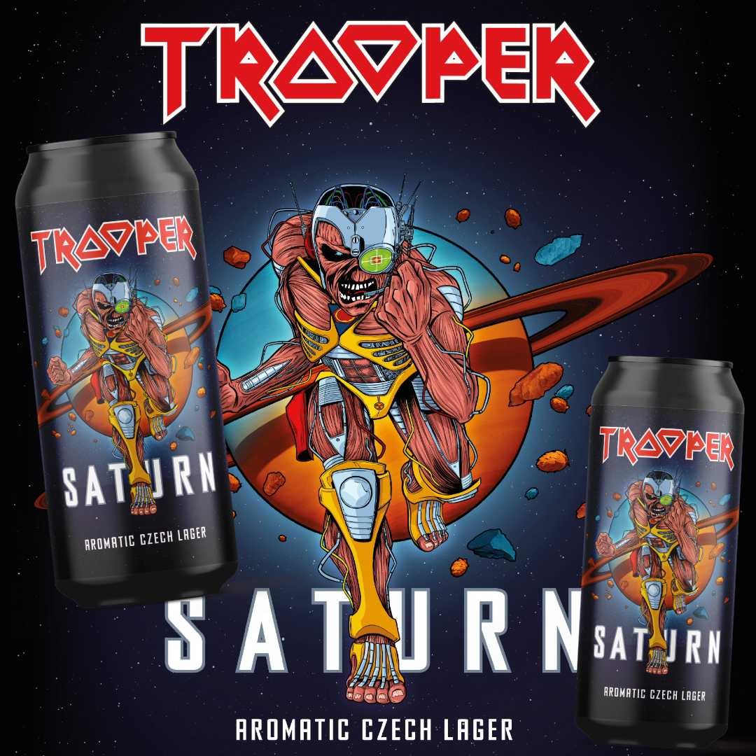 Trooper Saturn Aromatic Czech Lager – Iron Maiden beer artwork with 12x500ml cans and Eddie in space suit orbiting Saturn, bold rock-style design.