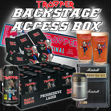Promotional image of the TROOPER Backstage Access Box – Run For Your Lives Edition – featuring Iron Maiden tour-edition beer, pint glasses, coasters, bar mat, and Marshall gift pack.