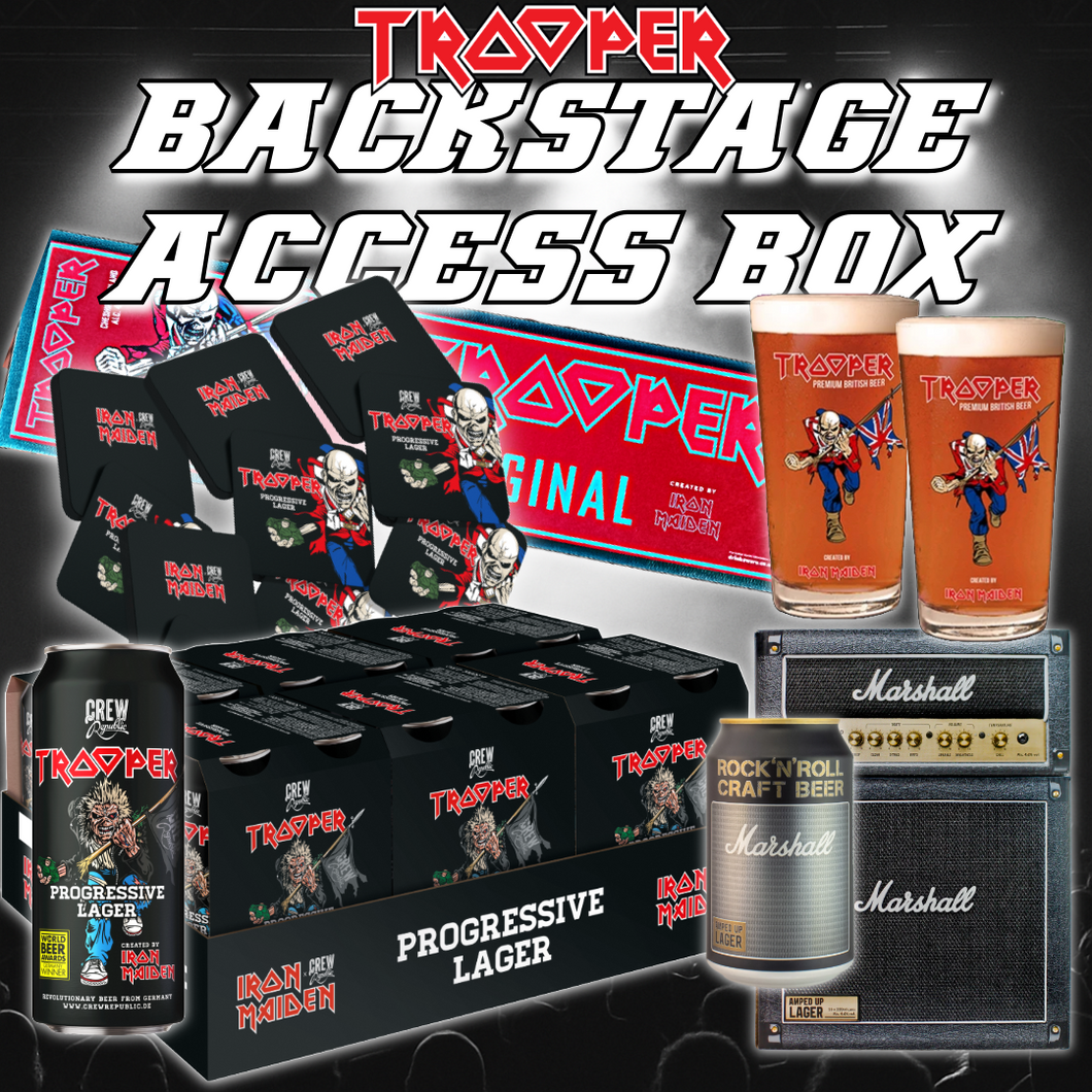 Promotional image of the TROOPER Backstage Access Box – Run For Your Lives Edition – featuring Iron Maiden tour-edition beer, pint glasses, coasters, bar mat, and Marshall gift pack.