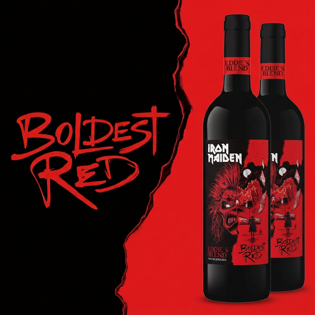 Two Iron Maiden Eddie’s Blend Boldest Red 750ml wine bottles and wordmark on a red-and-black backdrop.