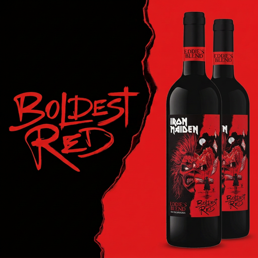 Two Iron Maiden Eddie’s Blend Boldest Red 750ml wine bottles and wordmark on a red-and-black backdrop.