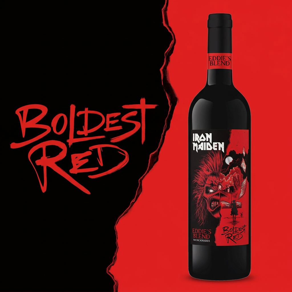 Iron Maiden Eddie’s Blend Boldest Red 750ml wine bottle and wordmark on a red-and-black backdrop.