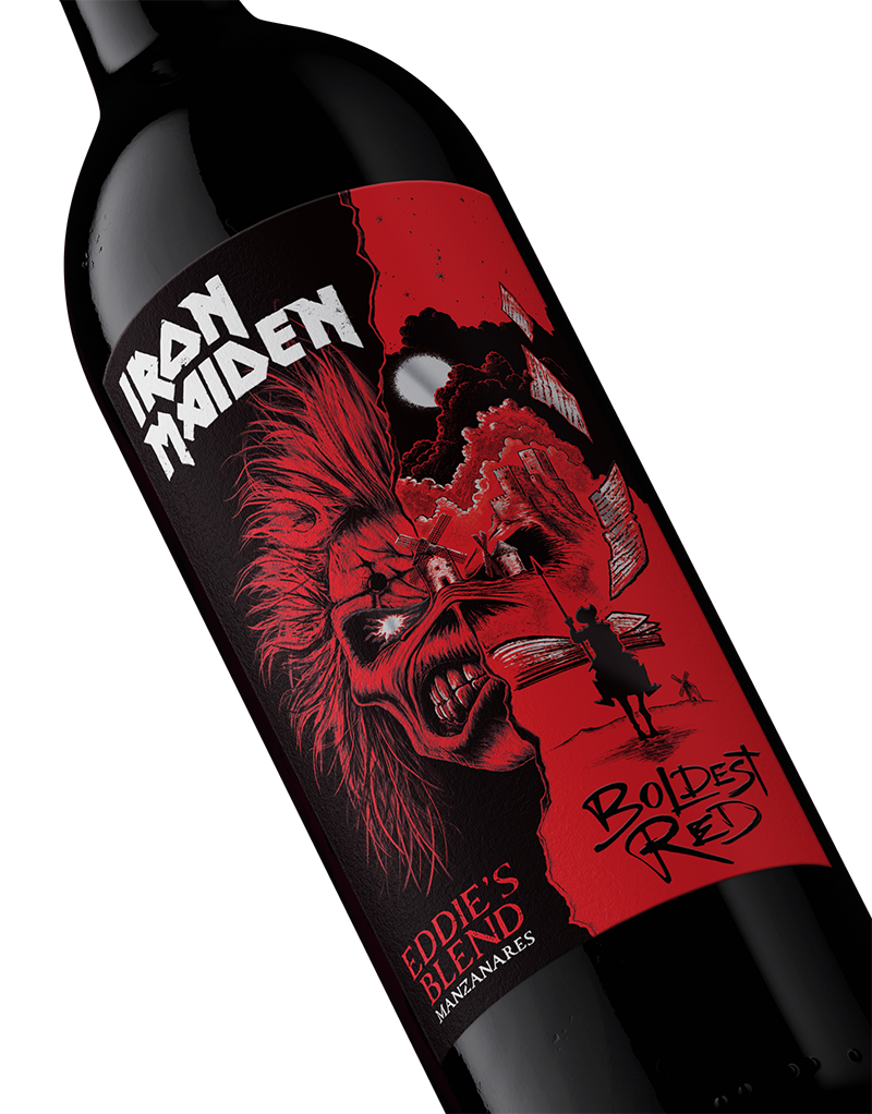 Angled close-up of the red Eddie artwork on an Iron Maiden Eddie’s Blend Boldest Red wine bottle.