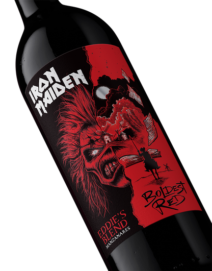 Angled close-up of the red Eddie artwork on an Iron Maiden Eddie’s Blend Boldest Red wine bottle.