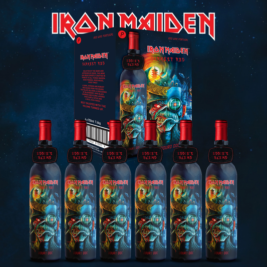 Six bottles of Iron Maiden Darkest Red Douro Wine (Eddie’s Blend) – 6×750 ml pack with branded case, dark intense red, 13.5% alc, approved by Eddie.