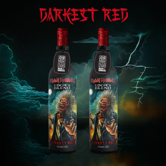 Two Iron Maiden Eddie’s Blend Darkest Red Douro DOC 750ml wine bottles and wordmark against a teal lightning backdrop.