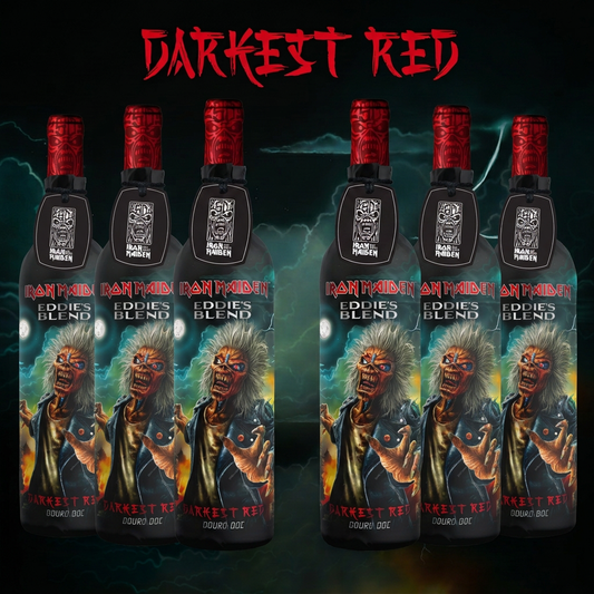 Six Iron Maiden Eddie’s Blend Darkest Red Douro DOC 750ml wine bottles and wordmark against a teal lightning backdrop.