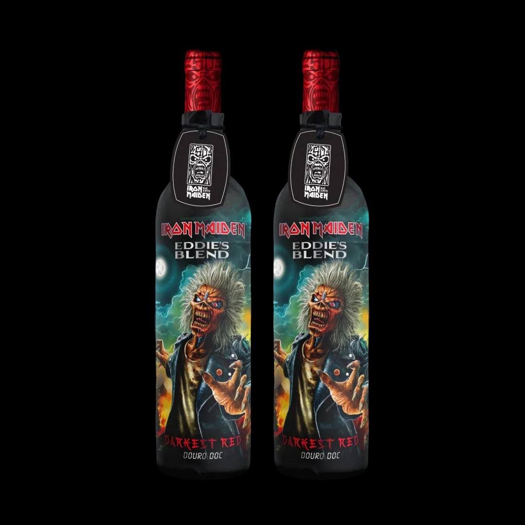 Iron Maiden Darkest Red Douro Wine 2-bottle set with new 2026 label featuring Eddie artwork against dramatic stormy background.