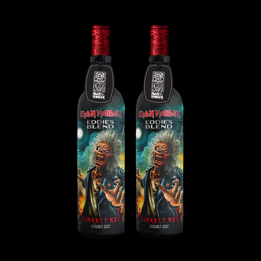 Iron Maiden Darkest Red Douro Wine 2-bottle set with new 2026 label featuring Eddie artwork against dramatic stormy background.