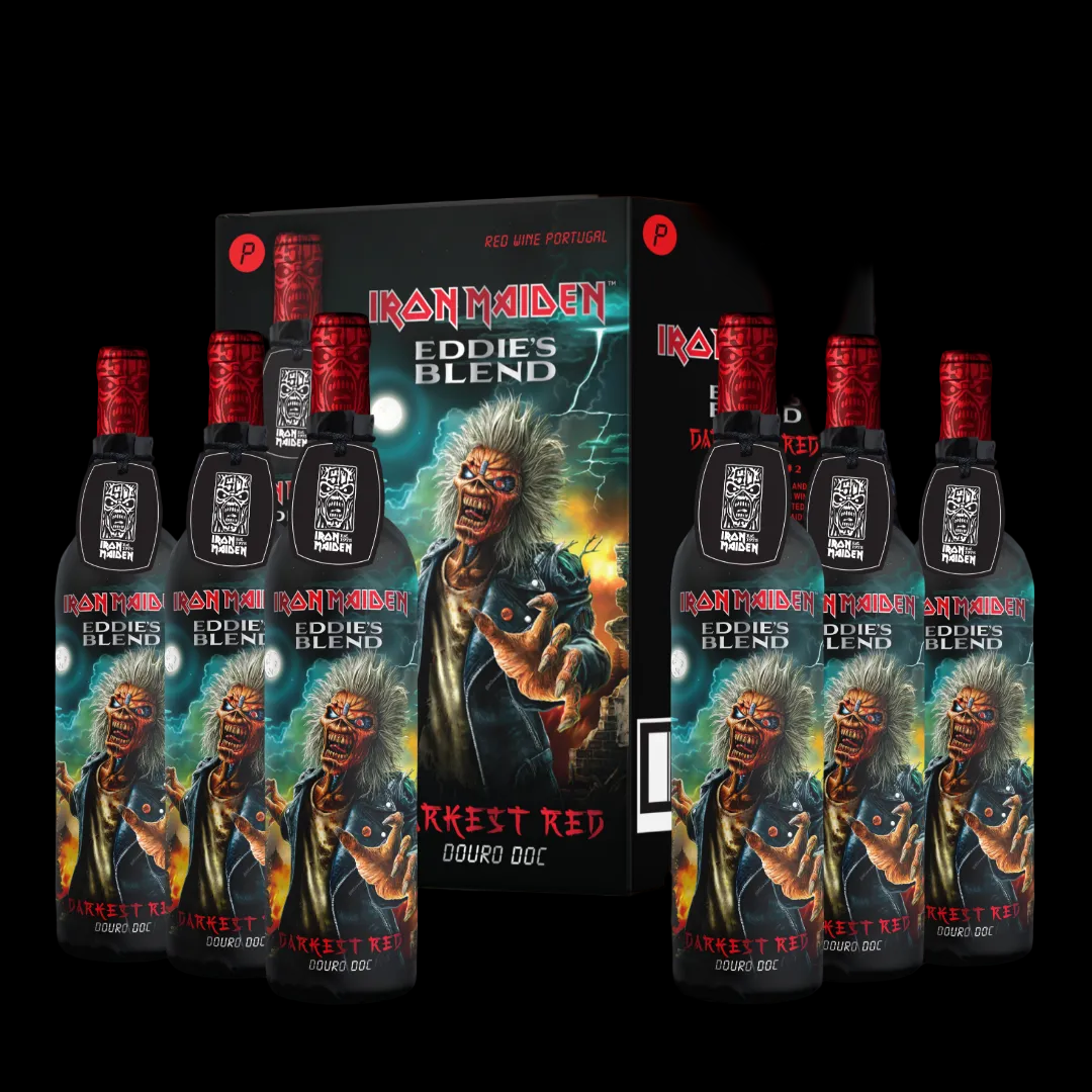 Iron Maiden Darkest Red Douro Wine 6-pack case with 6 bottles featuring new 2026 label Eddie artwork against dramatic stormy background.