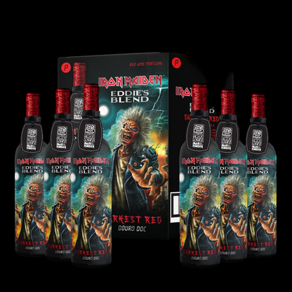 Iron Maiden Darkest Red Douro Wine 6-pack case with 6 bottles featuring new 2026 label Eddie artwork against dramatic stormy background.