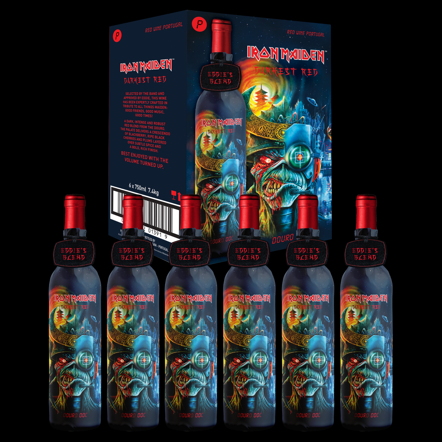 Case of 6 bottles of Iron Maiden Darkest Red Douro DOC wine, featuring Eddie’s Head artwork and bold branding on the packaging.