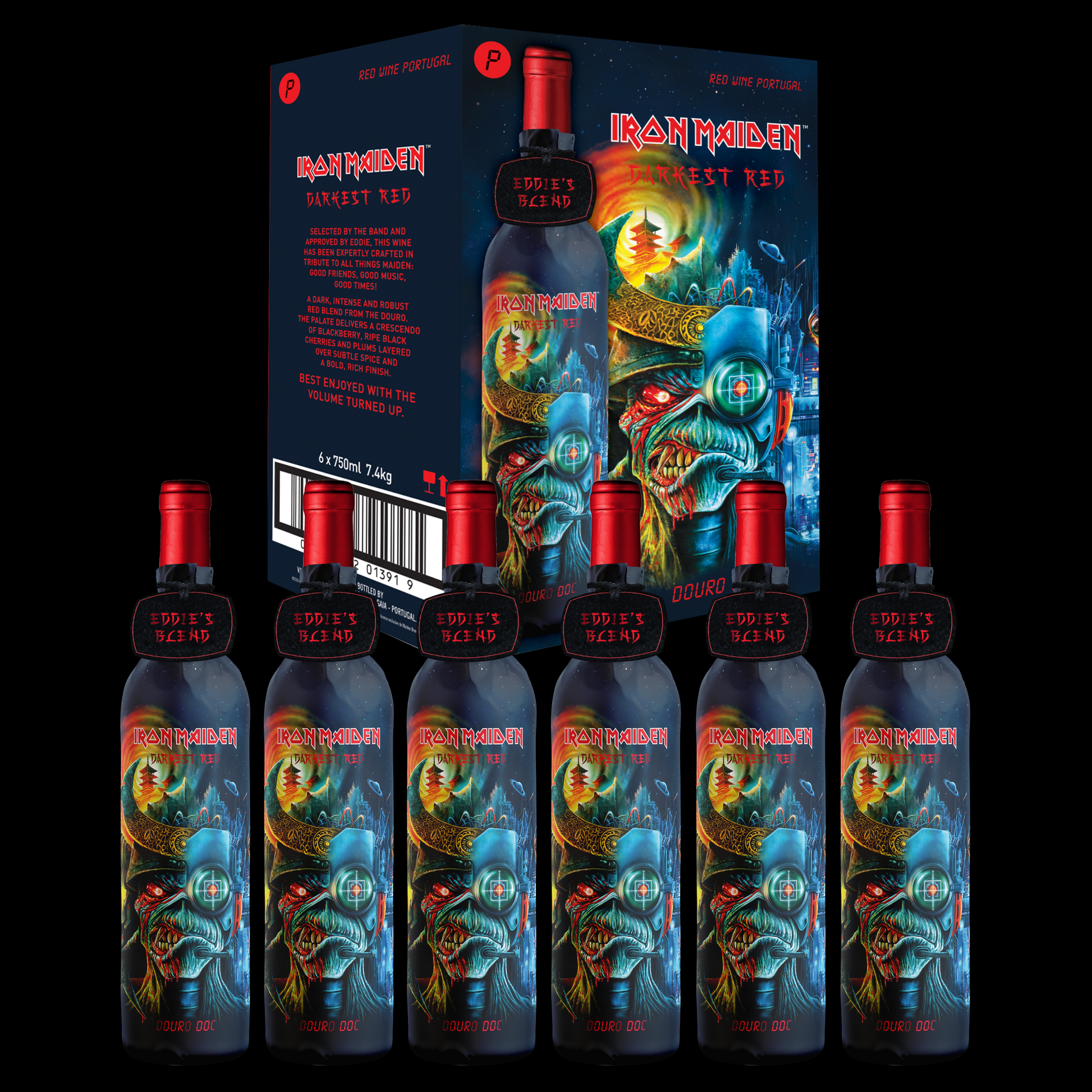 Case of 6 bottles of Iron Maiden Darkest Red Douro DOC wine, featuring Eddie’s Head artwork and bold branding on the packaging.