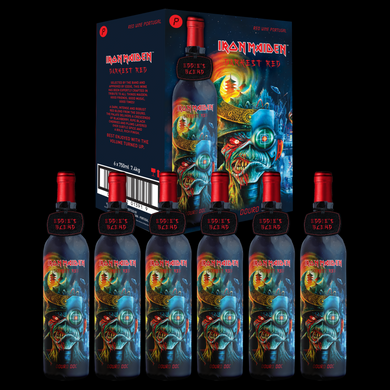 Case of 6 bottles of Iron Maiden Darkest Red Douro DOC wine, featuring Eddie’s Head artwork and bold branding on the packaging.