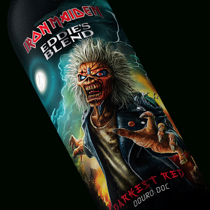 Close-up of Iron Maiden Darkest Red Douro Wine label featuring Eddie mascot with cyborg eye holding wine glass against stormy lightning background.