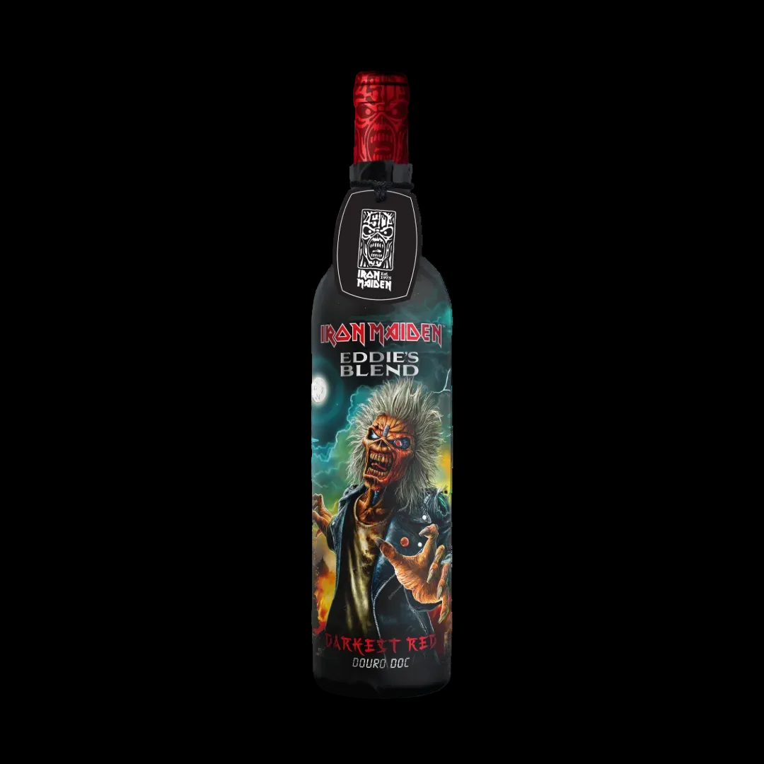 Iron Maiden Darkest Red Douro Wine 750ml bottle with new 2026 label featuring Eddie artwork against dramatic stormy background.