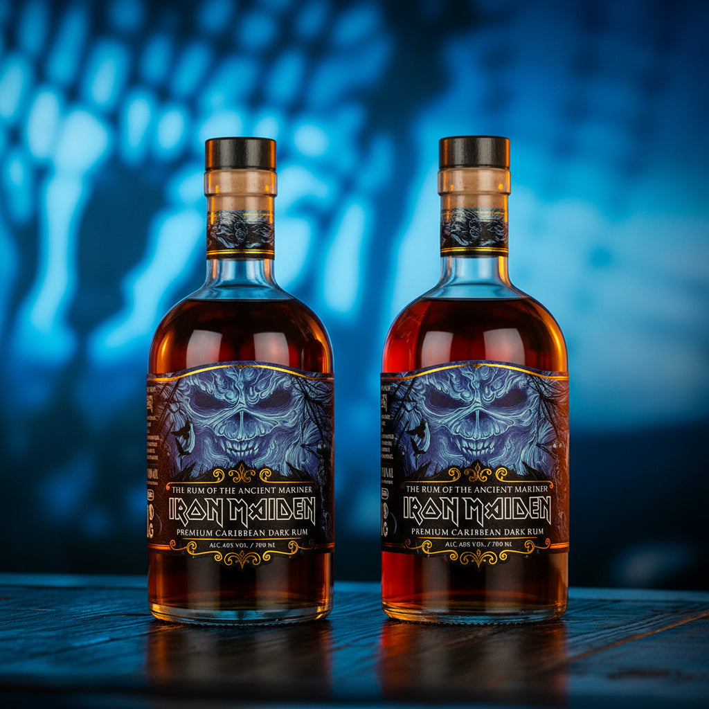 2 bottles of Iron Maiden rum with a skull design on a wooden surface and blurred blue background.