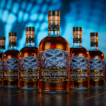 Six bottles of Iron Maiden rum with a skull design on a wooden surface and blurred blue background.