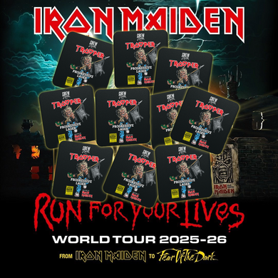 Promotional coasters for Iron Maiden’s ‘Run For Your Lives’ World Tour 2025–26, featuring Trooper Progressive Lager branding and tour-themed artwork from ‘Iron Maiden’ to ‘Fear of the Dark’.