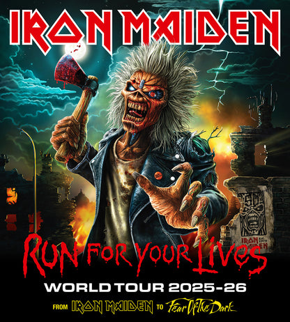 Iron Maiden Run For Your Lives World Tour 2025–26 official poster featuring Eddie with axe, post-apocalyptic background, and Fear of the Dark reference.