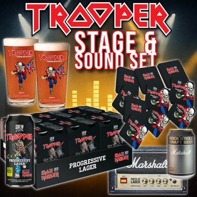 Iron Maiden TROOPER Stage & Sound Set with 24 Run For Your Lives cans, pint glasses, coasters, and Marshall beer in amp-style gift pack.