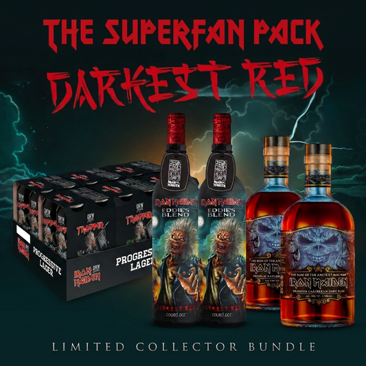 Iron Maiden Superfan Pack with 24 Trooper Progressive Lager cans, two Darkest Red wine bottles and two Rum of the Ancient Mariner bottles against a dark teal storm backdrop with an amber glow.