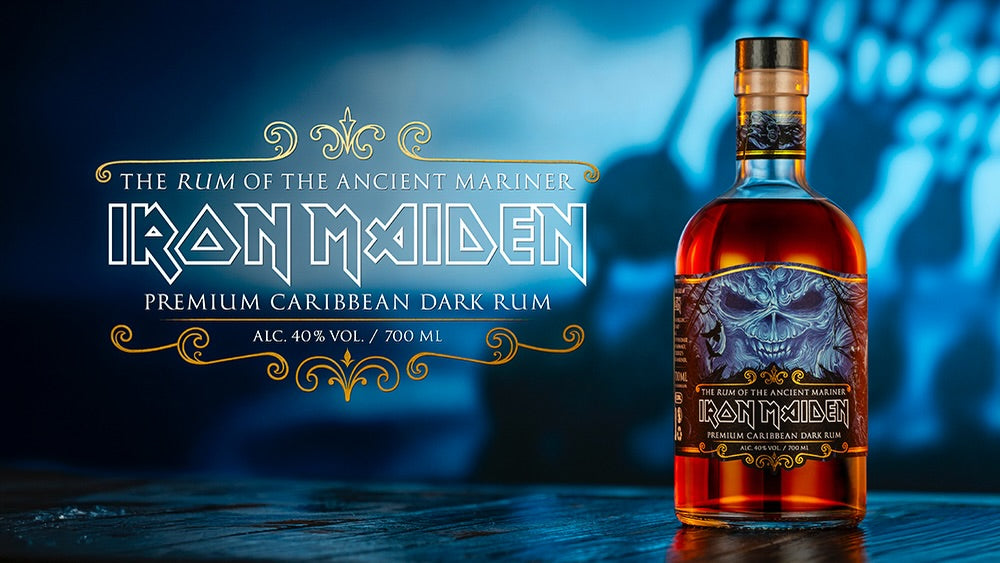 Iron Maiden The Rum of the Ancient Mariner Premium Caribbean Dark Rum 700ml bottle with official Iron Maiden branding and Eddie label artwork on dark blue background.