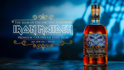 Iron Maiden The Rum of the Ancient Mariner Premium Caribbean Dark Rum 700ml bottle with official Iron Maiden branding and Eddie label artwork on dark blue background.