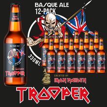 Cargue la imagen en el visor de la galería, Iron Maiden Trooper Basque Ale by La Salve, 330ml bottle with 5.3% ABV, featuring Eddie mascot and Trooper logo.
