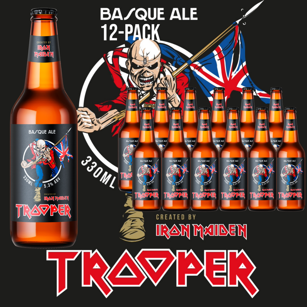 Iron Maiden Trooper Basque Ale by La Salve, 330ml bottle with 5.3% ABV, featuring Eddie mascot and Trooper logo.
