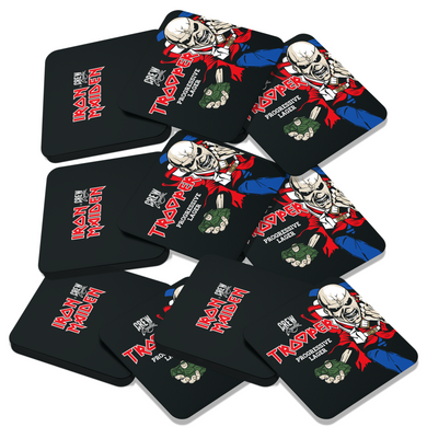 Set of Iron Maiden Trooper beer coasters by Crew Republic, featuring Eddie mascot and Trooper logo with Progressive Lager text.