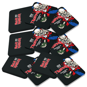 Set of Iron Maiden Trooper beer coasters by Crew Republic, featuring Eddie mascot and Trooper logo with Progressive Lager text.