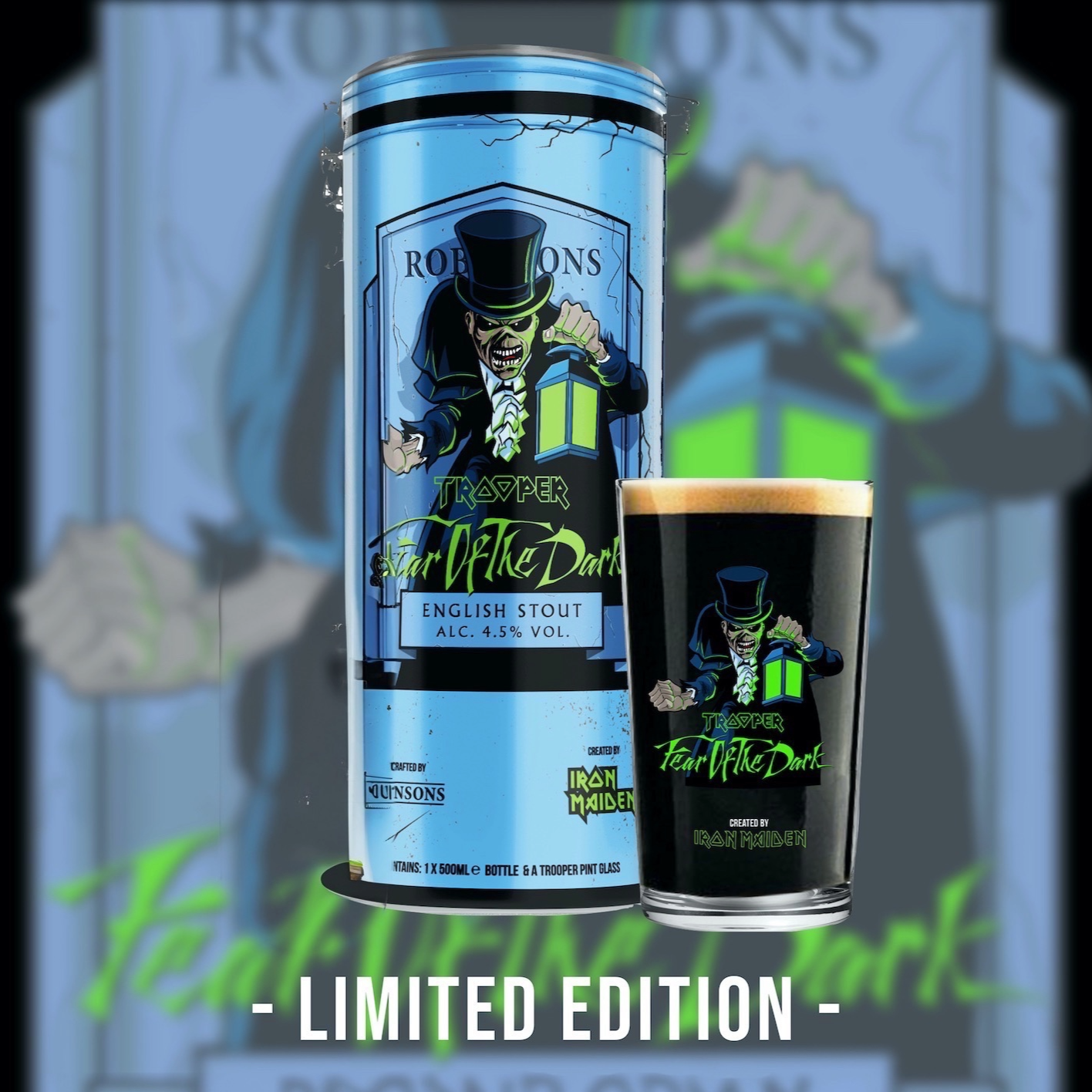 Iron Maiden Trooper Fear of the Dark limited edition gift tin by Robinsons Brewery, featuring a Trooper Fear of the Dark pint glass with Iron Maiden’s Eddie character and Fear of the Dark branding on the metal tin.