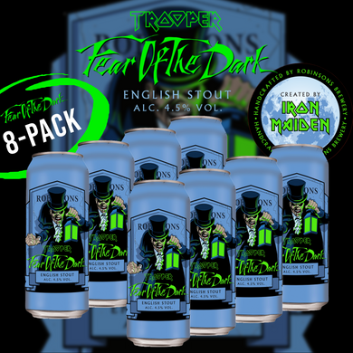 8-pack of Iron Maiden Trooper Fear of the Dark English Stout cans, 4.5% ABV, created by Robinsons Brewery, featuring Eddie mascot and Fear of the Dark branding.