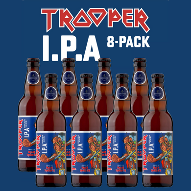 Trooper IPA by Robinsons Brewery featuring Iron Maiden’s iconic mascot Eddie, showcasing the new label and 6% ABV, available in an 8-pack of 500ml bottles.