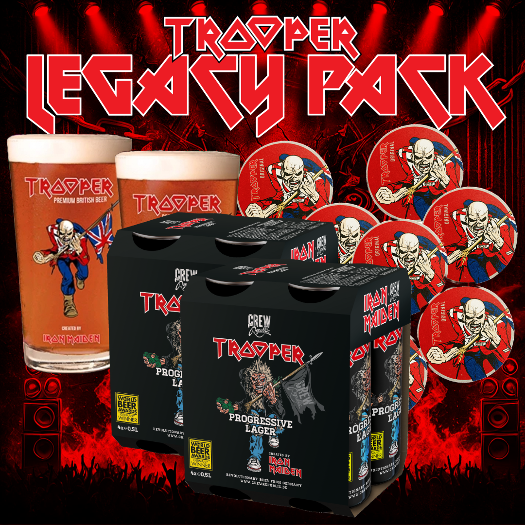 Trooper Legacy Pack with an 8-pack of Trooper Progressive Lager 500ml cans celebrating the Run For Your Lives tour, 2 Iron Maiden pint glasses, and 10 red Trooper coasters – the ultimate collector's bundle for fans.