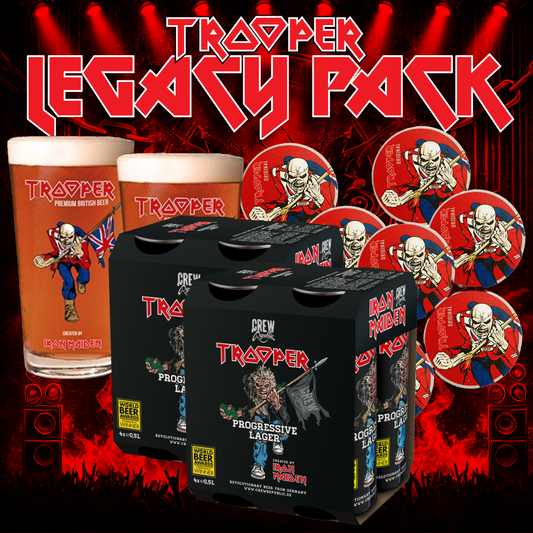 Trooper Legacy Pack with an 8-pack of Trooper Progressive Lager 500ml cans celebrating the Run For Your Lives tour, 2 Iron Maiden pint glasses, and 10 red Trooper coasters – the ultimate collector's bundle for fans.
